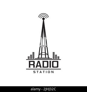Icône de station de radio, emblème vectoriel isolé avec antenne et transmission de signal. Emblème monochrome pour le service de diffusion de télécommunications, la radio en ligne ou la transmission d'ondes de télécommunication Illustration de Vecteur
