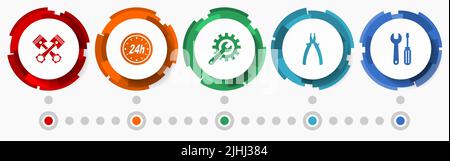Jeu d'icônes de vecteur de réparation automobile et de service de voiture, boutons Web de conception plate, modèle d'infographie d'atelier dans eps 10 Illustration de Vecteur