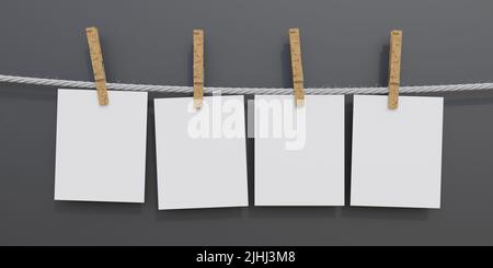 La carte en papier est accroché à la corde avec une épingle à linge en bois. Note de mémo vierge, rappel sur fond noir. Annoncer le modèle, l'espace de copie. 3d rendu Banque D'Images