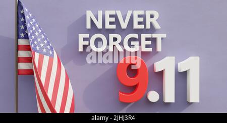 9 11 USA n'oubliez jamais le texte et le drapeau des Etats-Unis d'Amérique sur fond bleu. Journée du Patriot. Souvenez-vous de 11 septembre 2001. 3d rendu Banque D'Images