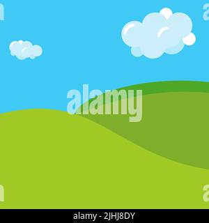 Dessin animé coloré sur fond de terres agricoles, collines et nuages. Illustration vectorielle sur le thème d'une ferme d'été pour bannière, site Web ou dépliant publicitaire Illustration de Vecteur