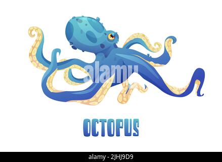 Illustration vectorielle de dessin animé de poulpe bleu mignonne. Animal de mer. Texte lettrage à la main. Illustration de Vecteur