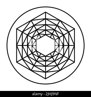 Motif de grille avec forme hexagonale symétrique, dans un cercle. Cinq hexagones, placés l'un à l'autre, reliés par des lignes de grille. Banque D'Images