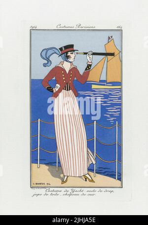 Costume de yacht : veste de drap, jupe de toile, chapeau de cuir - costume de bateau : veste en tissu, jupe en lin, chapeau en cuir. Imprimé du magazine de haute couture Journal des Dames et des modes, publié de 1 juin 1912 à 1 août 1914. Après une œuvre de l'illustrateur français George Barbier, 1882 - 1932. Banque D'Images