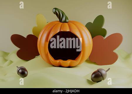 Bon jour de Thanksgiving citrouille avec des acorns et des feuilles sur fond vert 3D rendu. Banque D'Images