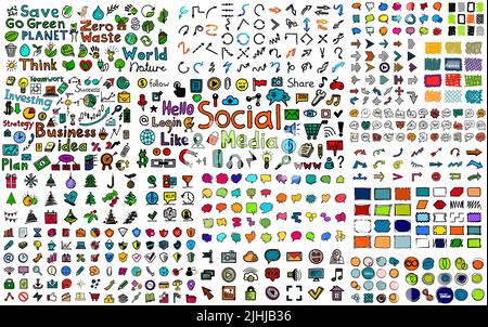 Énorme collection de couleurs de doodle dessinées à la main icônes - social, affaires, Web et Internet, boutons, cadres, nature et écologie, bulles de la parole, flèche Illustration de Vecteur