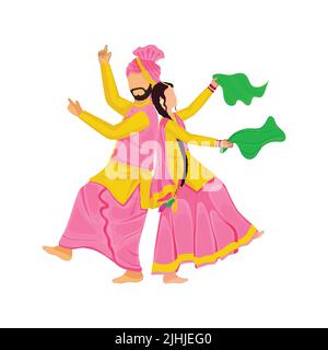 Jeune couple de Punjabi faisant Bhangra Dance sur fond blanc. Illustration de Vecteur