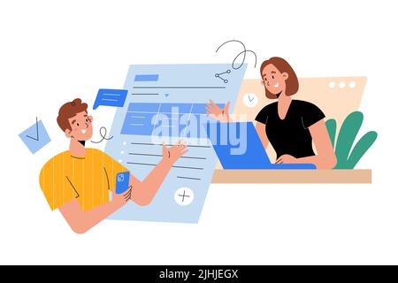 Collègues ou partenaires d'affaires travaillant sur le même document partagé, en éditant à l'aide d'un ordinateur portable et d'une application mobile, en discutant de projet par vidéoconférence Illustration de Vecteur