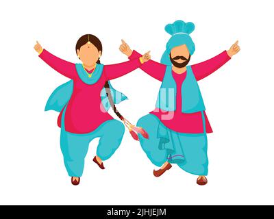 Bande dessinée Panjabi couple faisant Bhangra danse sur fond blanc. Illustration de Vecteur