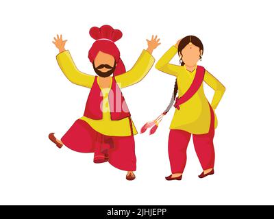 Dessin animé Pendjabi couple faisant Bhangra danse en rouge et jaune couleur tenue. Illustration de Vecteur