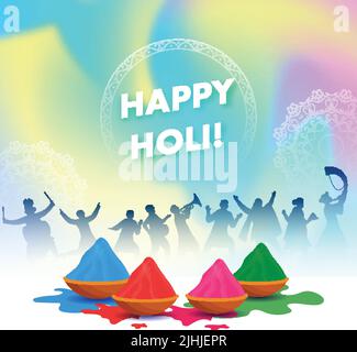 Happy Holi Celebration Background avec bols plein de couleur sèche (poudre) et Silhouette les gens appréciant. Illustration de Vecteur