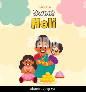 Joyeuse femme indienne avec ses enfants Eating Sweets (Ladoo) à l'occasion de Holi Celebrate. Illustration de Vecteur