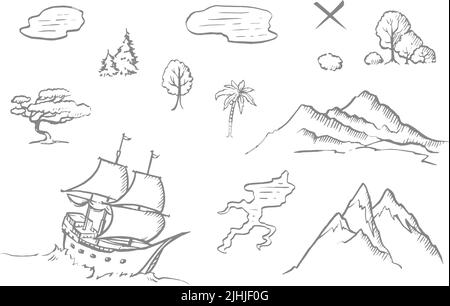 Éléments graphiques pour la conception de cartes de Trésor, le dessin au trait, le navire, les montagnes, l'illustration vectorielle Illustration de Vecteur