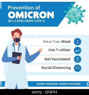 Précautions à prendre pour éviter Covid-19 Omicron comme le masque d'usure, utiliser l'assainisseur, garder la distance physique et se faire vacciner. Illustration de Vecteur