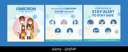 Covid-19 Omicron variantes symptômes et précautions Poster ou modèle de conception pour la sensibilisation. Illustration de Vecteur