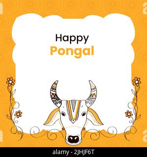 Happy Pongal concept avec cadran Doodle Bull, Floral décoré sur fond blanc et jaune à motif tourbillon. Illustration de Vecteur