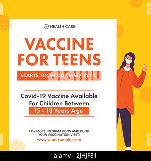 Affiche publicitaire du vaccin Covid-19 disponible pour les enfants (adolescents) âgés de 15-18 ans en blanc et en jaune. Illustration de Vecteur