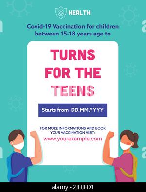 Affiche publicitaire ou modèle de vaccin Covid-19 disponible pour les enfants âgés de 15-18 ans avec masque de sécurité pour adolescents et filles. Illustration de Vecteur