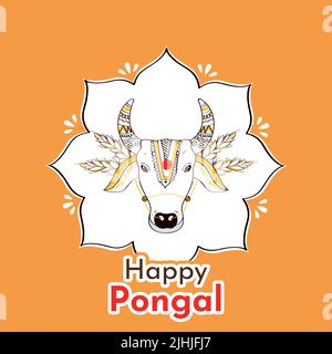 Autocollant style Happy Pongal police avec style Doodle Bull face sur fond blanc et jaune foncé. Illustration de Vecteur