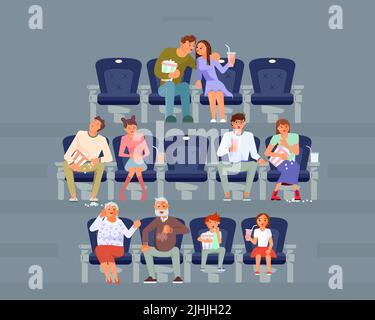 Différentes personnes assises dans la salle de cinéma. Illustration Banque D'Images