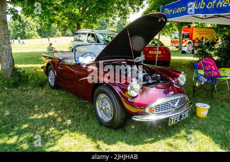 Une voiture de sport Daimler SP250 bordeaux avec son capot ouvert révélant la baie des moteurs au Berkshire Motor Show à Reading, Royaume-Uni Banque D'Images