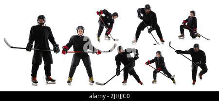 Ensemble d'images de deux joueurs de hockey, des sportifs débutants et professionnels posant avec un bâton de hockey isolé sur fond blanc. Formation, pratique Banque D'Images