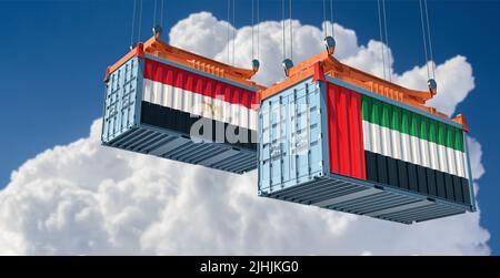 Conteneurs de marchandises avec drapeaux nationaux de l'Égypte et des Émirats arabes Unis. 3D rendu Banque D'Images