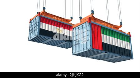 Conteneurs de marchandises avec drapeaux nationaux de l'Égypte et des Émirats arabes Unis. 3D rendu Banque D'Images