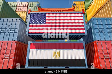 Conteneurs de marchandises avec drapeaux nationaux des États-Unis et de l'Égypte. 3D rendu Banque D'Images