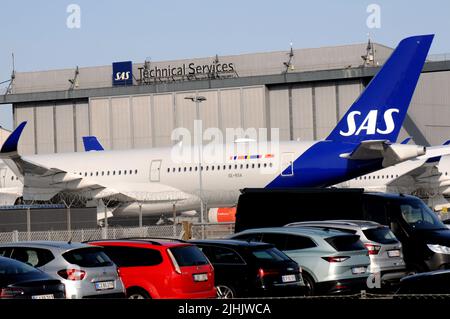 Kastrup/Copenhagen/Denmark/19 juillet 2022/SAS Airliens Flight Park à l'aéroport international de Copenhague à Kastrup SAS Airliens Management et le syndicat des pilotes SAS arrivent à l'accord et le syndicat des pilotes termine la grève après 15 jours. (Photo. Francis Dean/Dean photos. Banque D'Images