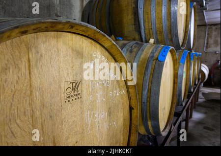 Fûts de chêne empilés avec vin dans la cave de vinification Norman Hardie, comté de Prince Edward, Ontario, Canada. Banque D'Images