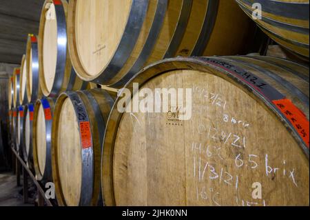 Fûts de chêne empilés avec vin dans la cave de vinification Norman Hardie, comté de Prince Edward, Ontario, Canada. Banque D'Images