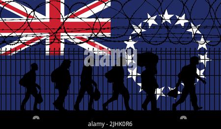 Drapeau des îles Cook - réfugiés près de la clôture barbelée. Les migrants migrent vers d'autres pays. Banque D'Images