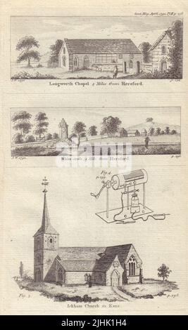 Chapelle de Longworth. Croix blanche, Hereford. Eglise Ickham, Kent 1792 vieux imprimé Banque D'Images