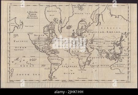 Une carte du monde sur Mercator projection. Davis Land. GENTS MAG 1755 vieux Banque D'Images