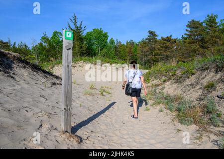 Une femme d'âge moyen de descendance indienne marche le long de Dunes Trail à Sandbanks Dunes Beach, comté de Prince Edward, Ontario, Canada. Banque D'Images