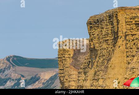 Dorset, Angleterre, Royaume-Uni, 19th juillet 2022. Météo au Royaume-Uni : vague de chaleur. Une brise marine rend la température supportable le jour le plus chaud de l'année le long de la côte jurassique. Un homme marche à proximité du bord supérieur de la falaise à Burton Freshwater Banque D'Images