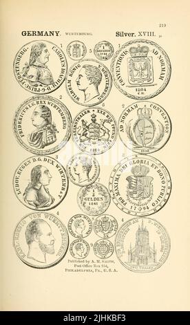 Pièces et médailles d'Allemagne du livre encyclopédie illustrée de pièces d'or et d'argent du monde; illustrant le moderne, ancien, actuel et curieux, de A.D. 1885 à B.C. 700 par Andrew Madsen Smith, Date de publication 1886 Banque D'Images