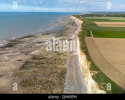 Vue aérienne sur les falaises blanches de halk, les champs verts du pays de Caux et l'eau de l'océan Atlantique près du petit village de Veules-les-Roses, Normandie, France. Visite Banque D'Images