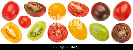 Tomates cerises multicolores isolé sur fond blanc Banque D'Images