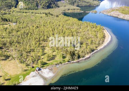 Vue aérienne du lac Lovatn, plage de sable et forêt de bouleau, Norvège. Banque D'Images