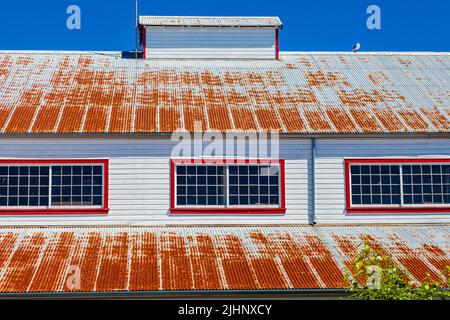 Toit corrodé d'un entrepôt dans un environnement marin à Steveston Colombie-Britannique Canada Banque D'Images