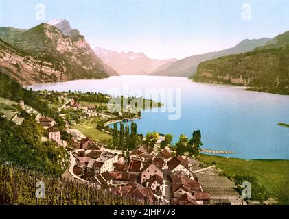 Lac Walenstadt, Walensee, Weesen près de la montagne Leistchamm et vue sur la montagne Alvier, Saint-Gall, Suisse 1890. Banque D'Images