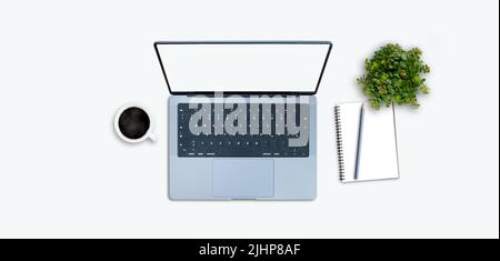 vue de haut en bas d'un ordinateur portable moderne sur une table blanche avec une plante succulente et un bloc-notes Banque D'Images