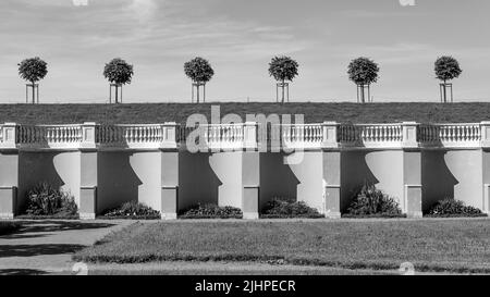 Une rangée d'arbres au-dessus de la balustrade dans un vieux parc. Photo artistique rythmique en noir et blanc. Banque D'Images