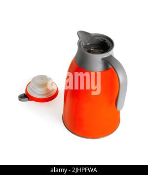 Thermos orange ouverts. Gros plan. Isolé sur fond blanc. Banque D'Images