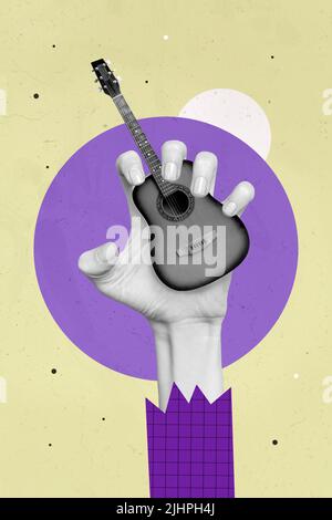 Creative Retro 3D magazine image des doigts tenant petit fond de dessin isolé de petite guitare Banque D'Images