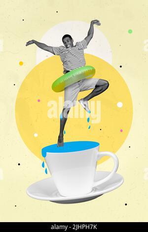 Affiche verticale collage photo de millenny Guy saut dans la tasse porter un tissu décontracté isolé sur dessin couleur jaune fond Banque D'Images
