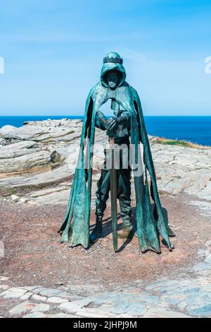 Statue de Gallos, château de Tintagel, Cornouailles du Nord, Angleterre, Europe Banque D'Images