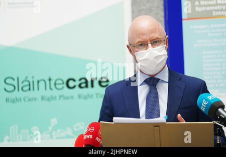 Stephen Donnelly, ministre de la Santé, s'exprimant lors du lancement du rapport de fin de programme du Fonds d'intégration de Slaintecare à l'hôpital universitaire St. Vincent, à Dublin. Date de la photo: Mercredi 20 juillet 2022. Banque D'Images